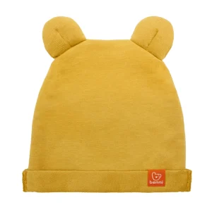 czapka dla dziecka gładka cienka z uszami misia żółta wygodna wiosenna pozytywna